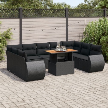 Set canapele de grădină cu perne, 10 piese, negru, poliratan - Img 1