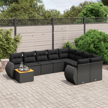 Set canapele de grădină cu perne, 10 piese, negru, poliratan - Img 1