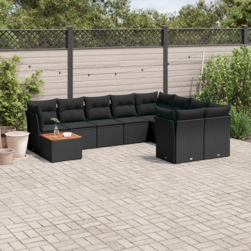 Set canapele de grădină cu perne, 10 piese, negru, poliratan - Img 1