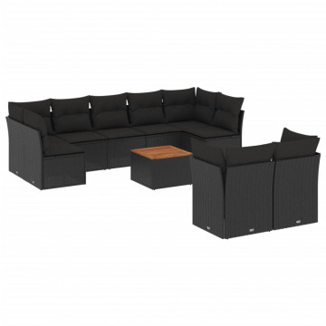 Set canapele de grădină cu perne, 10 piese, negru, poliratan - Img 2