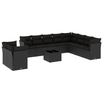 Set canapele de grădină cu perne, 11 piese, negru, poliratan - Img 2