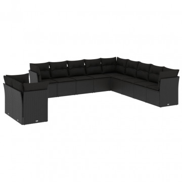 Set canapele de grădină cu perne, 11 piese, negru, poliratan - Img 2