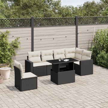 Set canapele de grădină cu perne, 7 piese, negru, poliratan - Img 1