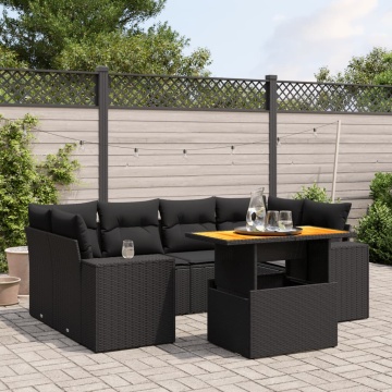 Set canapele de grădină cu perne, 7 piese, negru, poliratan - Img 1