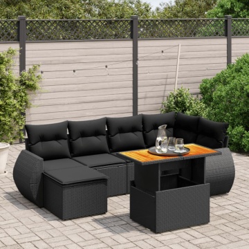 Set canapele de grădină cu perne, 7 piese, negru, poliratan - Img 1