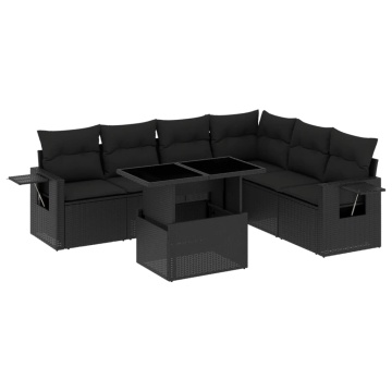 Set canapele de grădină cu perne, 7 piese, negru, poliratan - Img 2