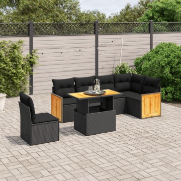 Set canapele de grădină cu perne, 7 piese, negru, poliratan - Img 1