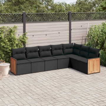 Set canapele de grădină cu perne, 7 piese, negru, poliratan - Img 1