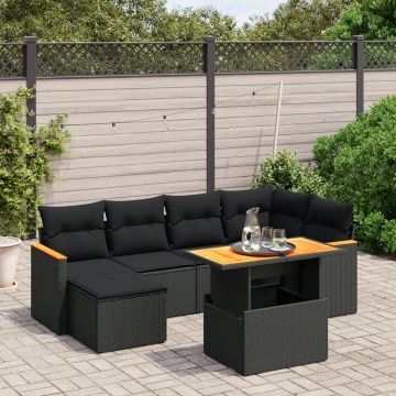 Set canapele de grădină cu perne, 7 piese, negru, poliratan - Img 1