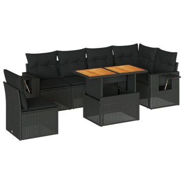 Set canapele de grădină cu perne, 7 piese, negru, poliratan - Img 2