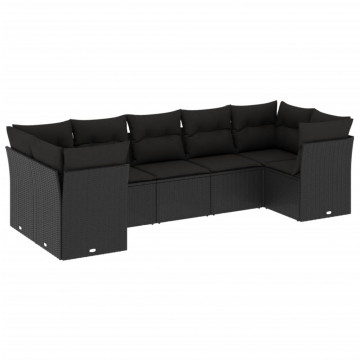 Set canapele de grădină cu perne, 7 piese, negru, poliratan - Img 2
