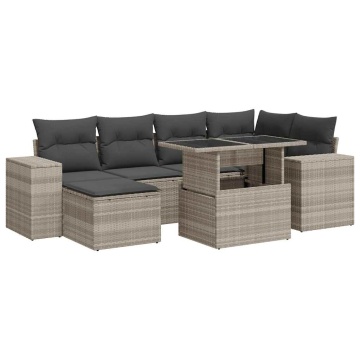 Set canapele de grădină cu perne, 7piese gri deschis poliratan - Img 2