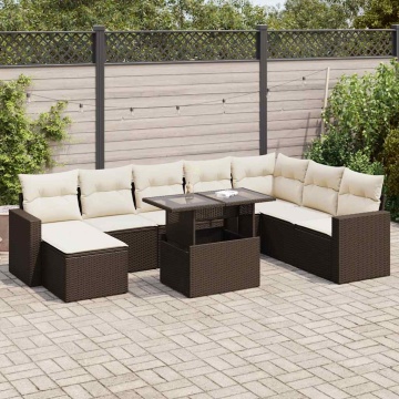 Set canapele de grădină cu perne, 9 piese, maro, poliratan - Img 1