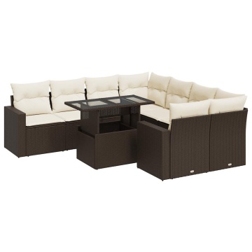 Set canapele de grădină cu perne, 9 piese, maro, poliratan - Img 2