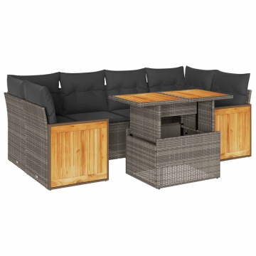 Set canapele grădină cu perne 7 piese gri poliratan/lemn acacia - Img 2