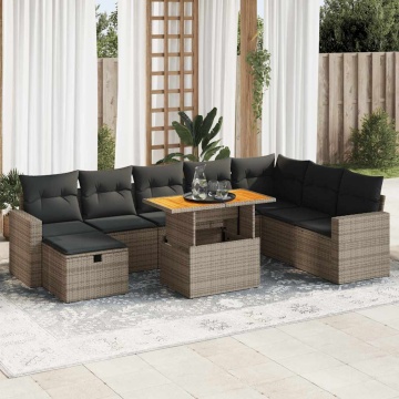 Set canapele grădină cu perne 9 piese gri poliratan/lemn acacia - Img 1