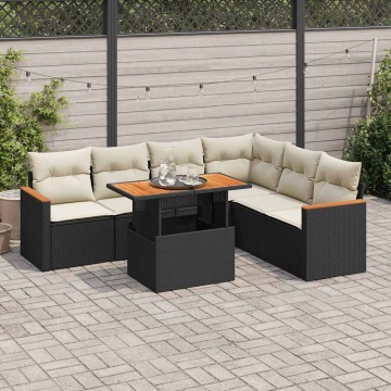 Set canapele grădină perne 7 piese negru, poliratan/lemn acacia - Img 1