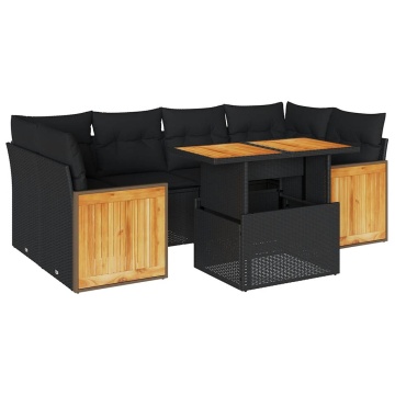 Set canapele grădină perne 7 piese negru, poliratan/lemn acacia - Img 2