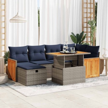 Set canapele grădină perne 7 piese negru, poliratan/lemn acacia - Img 1