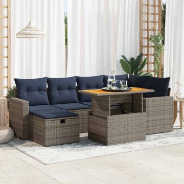Set canapele grădină perne 7 piese negru, poliratan/lemn acacia - Img 1