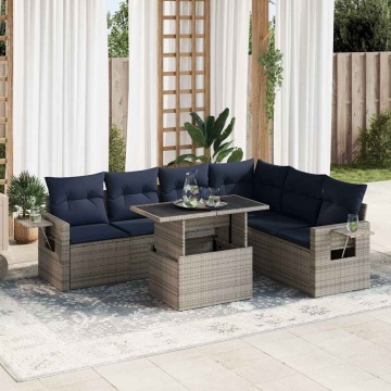Set canapele grădină perne 7 piese negru, poliratan/lemn acacia - Img 1