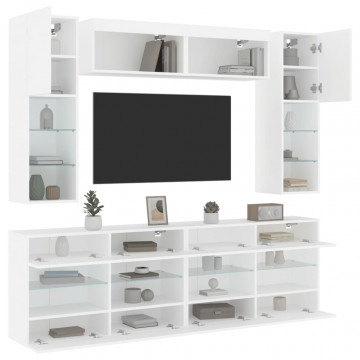 Set comode TV de perete, 6 piese, cu lumini LED, alb - Img 1