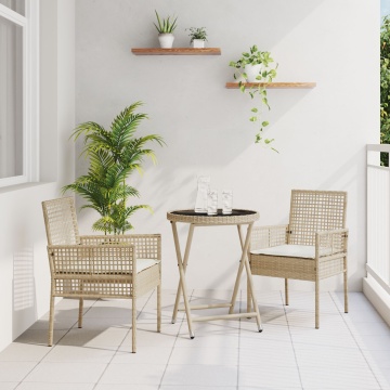 Set de bistro pentru grădină 3 piese cu perne Bej din ratan poliratan - Img 1