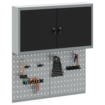 Set de cabinet pentru unelte și panou cu cârlige 3 piese montat pe perete din metal negru - Img 3