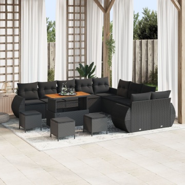Set de Canapea de Grădină cu 13 Piese cu Perne Ratan Polimeric Negru Acacia, Set de Masa de Grădină cu 3 Piese cu Perne Ratan Polimeric Negru Acacia - Img 1