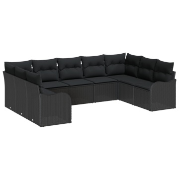 Set de canapea de grădină cu 9 piese și perne, ratan poli, negru, Canapea de grădină cu 2 locuri și perne, ratan poli, negru - Img 2