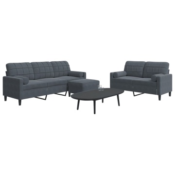Set de canapele cu perne, 3 piese, gri închis, catifea - Img 1