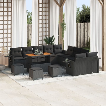 Set de canapele pentru grădină cu 13 piese și perne negre din ratan sintetic Acacia, Set de dining pentru grădină cu 3 piese și perne negre din ratan sintetic Acacia - Img 1