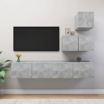 Set de dulapuri TV, 4 piese, gri beton, lemn prelucrat - Img 1
