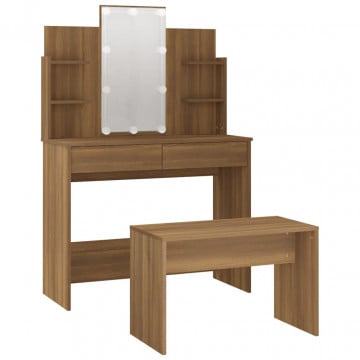 Set de masă de toaletă cu LED, stejar maro, lemn prelucrat - Img 5
