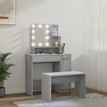 Set de măsuță de toaletă cu LED, sonoma gri, lemn prelucrat - Img 4