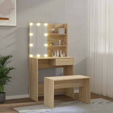Set de măsuță de toaletă cu LED, stejar sonoma, lemn prelucrat - Img 3