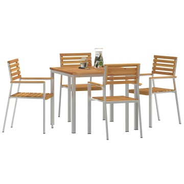Set de mese pentru grădină cu 5 piese din lemn masiv de acacia, Masă de mese în aer liber 90x90x74.5 cm din lemn masiv de acacia, Scaune de grădină stivuibile 4 buc din lemn masiv de acacia și oțel - Img 3
