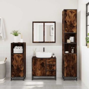 Set de mobilier de baie 4 piese Lemn prelucrat de stejar afumat - Img 4