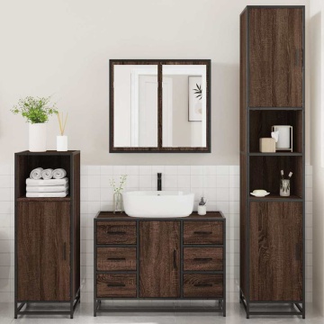 Set de mobilier de baie din 4 piese din lemn de stejar maro - Img 3
