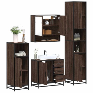 Set de mobilier de baie din 4 piese din lemn de stejar maro - Img 1