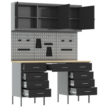 Set dulap lucru & panou cârlige, 8 piese, negru, MDF & metal - Img 4
