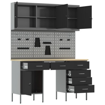Set dulap lucru & panou cârlige, 8 piese, negru, MDF & metal - Img 4