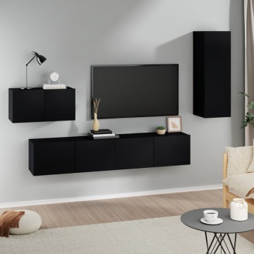 Set dulap TV, 4 piese, negru, lemn prelucrat - Img 1
