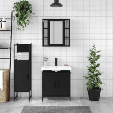 Set dulapuri de baie, 3 piese, negru, lemn prelucrat - Img 3