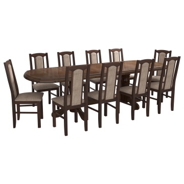 Set masa extensibila jork 200x250 cm, lemn masiv nuc, cu 10 scaune tapitate stofa maro, s-37 O2 - Img 5