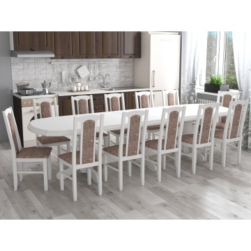 Set masa extensibila jork 250-300x100 cm, lemn masiv alb, cu 12 scaune tapitate stofa maro, s-37 B25B - Img 1