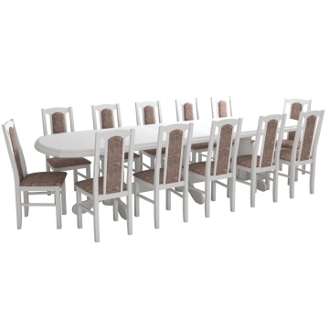 Set masa extensibila jork 250-300x100 cm, lemn masiv alb, cu 12 scaune tapitate stofa maro, s-37 B25B - Img 3