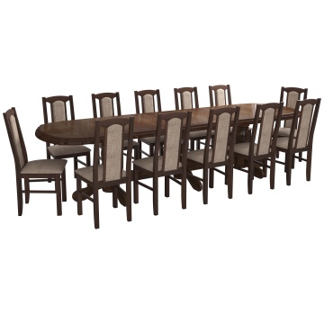 Set masa extensibila jork 250-300x100 cm, lemn masiv nuc, cu 12 scaune tapitate stofa maro, s-37 O2 - Img 2