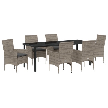 Set Masă Grădină 7 Piese cu Perne Gri Poliratan, Masă Grădină Neagră 200x80x73 cm Sticlă Securizată - Img 2