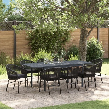 Set mese grădină 10 piese cu perne Negru Poli Rattan, Masă grădină extensibilă Anthracite (140-210)x90x73 cm Oțel - Img 1